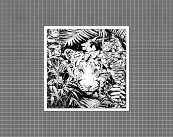 Illustration de tigre de chat de jungle impression d'art carré de haute qualité de 21cm sur le stock de carte 300gsm, par Vector That Fox