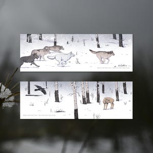 Loups illustrés dans une forêt enneigée Marque-page « La chasse » recto-verso | Marque-page pour papier cartonné laminé mat, 400 g/m², par Vector That Fox