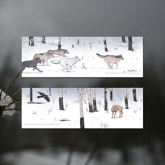 Illustrated wolves in a snowy forest Bookmark 'The Hunt' Double-sided | 400gsm matte laminate card stock bookmark, by Vector That Fox