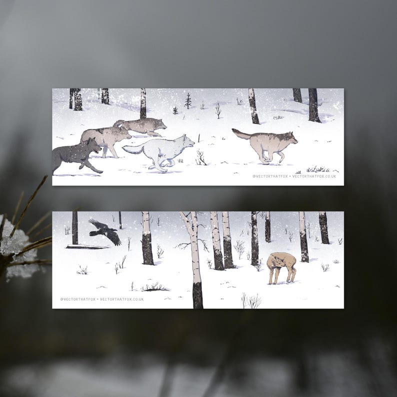 Puede incluir: Una escena de bosque nevado con una manada de lobos corriendo por los &aacute;rboles. Los lobos son blancos, grises y marrones. Un solo ciervo se encuentra en la nieve en la imagen de abajo.