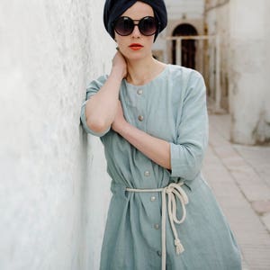 Linen Tunic Dress: Kimono Robe Sleepwear with Pockets