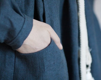 Night of Navy Leinen Robe: Langarm Boho Morgenmantel