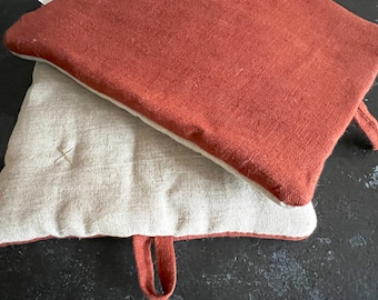 Linen hot pad set of 2 in various color, kitchen mitten with heat insulated padding, stitched padding, linen oven mitt, two sides pot holder