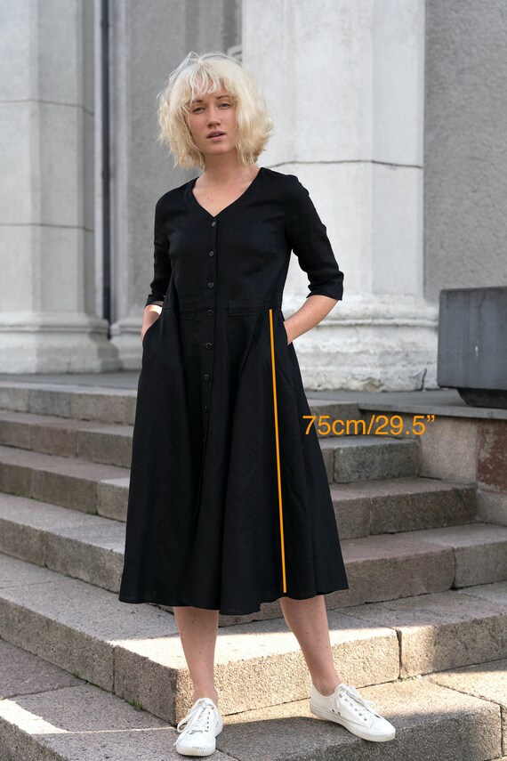 chinese dress ladies Black Linen Button Down Midi Dress – Handmade Summer