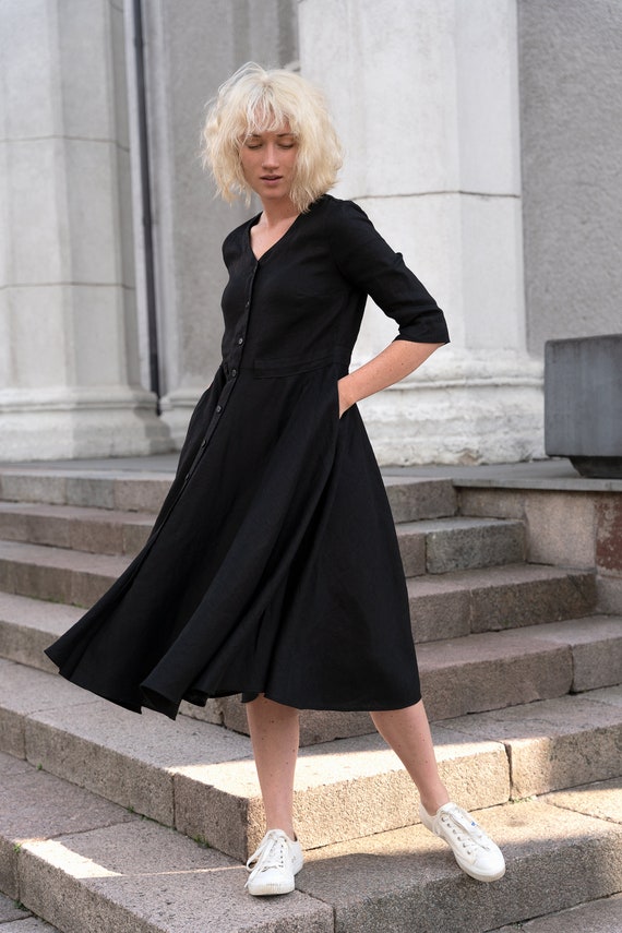 short black linen dress Hold Yourself Up Black Linen Scalloped Dress Shop the Mint