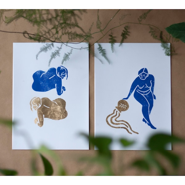 Zodiac Series Gold leaf and Blue A4 Lino Print