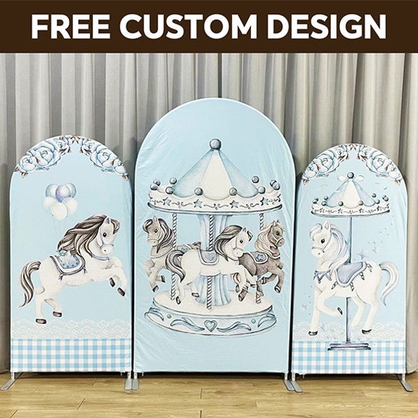 Blue Carousel Arch Stand Arch Backdrop Metal Frame Chiara Wall Photo Booth Custom Backdrop For Baby Shower, Birthday, Party Decoration