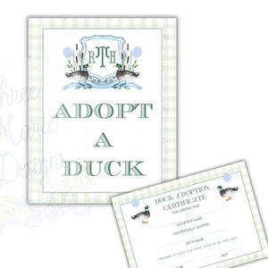 May include: A framed "Adopt a Duck" print and a matching adoption certificate. The print features a duck illustration, a crest, and the text "Adopt a Duck" in green. The certificate has space for the adopter's and pet's names.