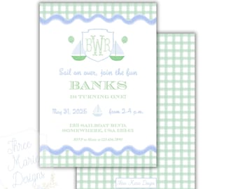 Invito di compleanno a forma di barca a vela / Invito a tema barca a vela pastello / Monogramma personalizzato a forma di barca a vela / Invito per neonato 5x7 scaricabile digitalmente modificabile