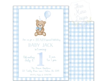 May include: A blue and white gingham pattern background with a white card on top. The card has a cartoon illustration of a brown teddy bear wearing a blue bow tie and a party hat. The text on the card reads "Join us for a BEARY special birthday BABY JACK is turning 1 Saturday July 8 11 am to 1 pm The Brown Residence 123 Teddy Bear Lane Selma, AL 12345 RSVPt. Patin & 1234567890".