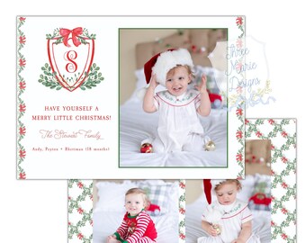 Classic Crest Christmas Card | Christmas Bow, Self-Editable | Red and Green Garland | Photo Christmas Card | Digital Christmas Card | Preppy