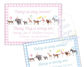 Party Animals Invitation | TWO Wild Invite | Wild ONE Invite | Pink Party Animals Invite | Blue Party Animals | Zoo Theme Invite