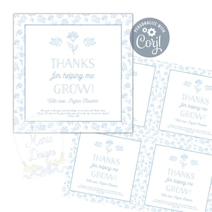 Étiquette-cadeau Merci de m'avoir aidé à grandir | carte de remerciement pour professeur | Auto-modifiable | Étiquette cadeau florale | jardin fleuri de <br> Vous avez des idées ? Étiquette cadeau plante