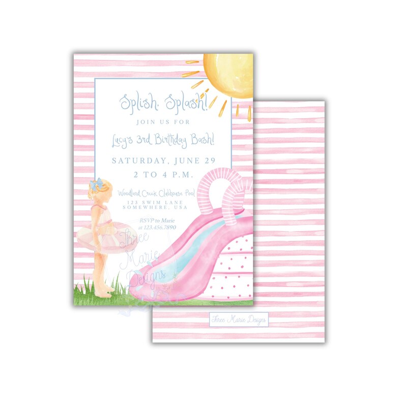 May include: A pink and white striped invitation for a birthday party. The invitation features a watercolor illustration of a girl, a water slide, and a sun. The text reads "Splish Splash!" and details for the party.