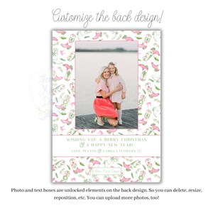 May include: A customizable Christmas card design featuring a photo frame with a pink border. The card has a white background with a pattern of pink cowboy boots and green leaves. Text reads "Wishing you a Merry Christmas & a Happy New Year!"