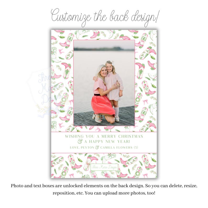 May include: A customizable Christmas card design featuring a photo frame with a pink border. The card has a white background with a pattern of pink cowboy boots and green leaves. Text reads "Wishing you a Merry Christmas & a Happy New Year!"