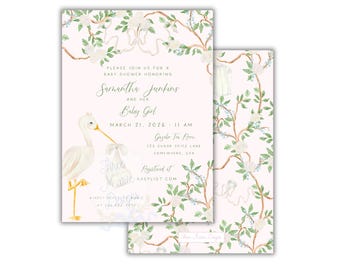 Pink Chinoiserie Baby Shower Invite | Grandmillenial Baby Girl Shower Invitation | Watercolor Stork Editable 5x7 Inches Digital Download