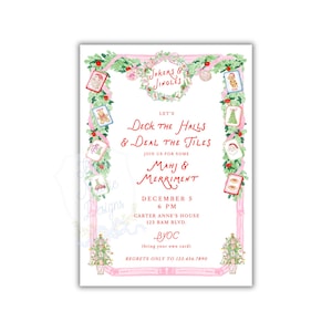 May include: A rectangular invitation card featuring a festive green garland border with pink ribbons and small mahjong tile illustrations. The text reads: Jokers & Jingles, Let's Deck the Halls & Deal the Tiles, Join us for some Mahj & Merriment, December 5, 6 PM.