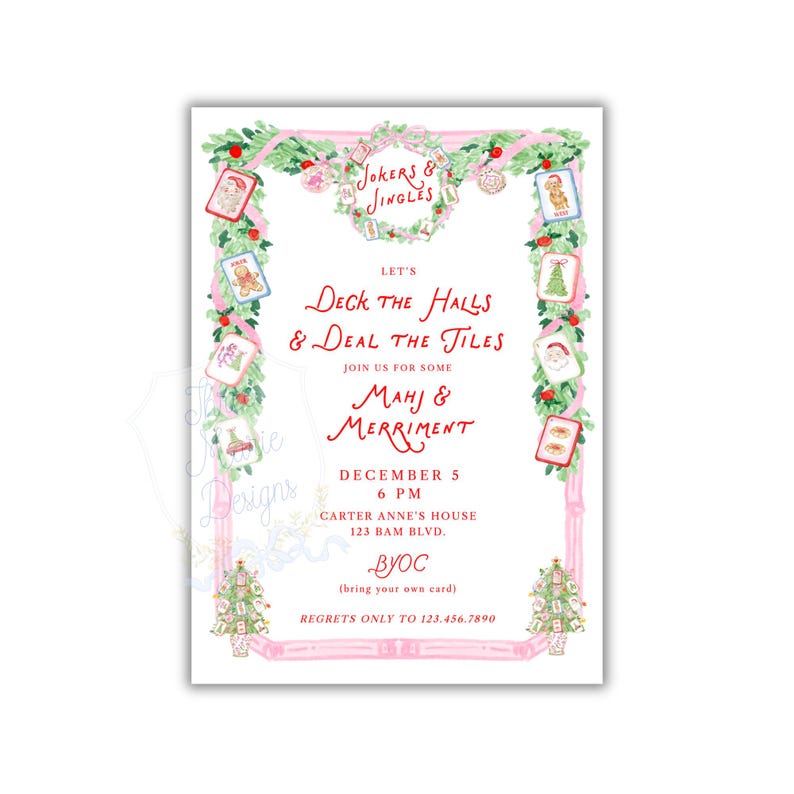 May include: A rectangular invitation card featuring a festive green garland border with pink ribbons and small mahjong tile illustrations. The text reads: Jokers & Jingles, Let's Deck the Halls & Deal the Tiles, Join us for some Mahj & Merriment, December 5, 6 PM.