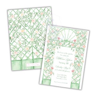 May include: A green and white garden trellis with pink flowers and vines. The text on the invitation reads "Meet me in the garden to celebrate Katherine Gibson turning 30! Sunday May 21 at 2 o'clock in the afternoon.  Cona Villa Patro 123 Angles Blvd Somewhere, USA"