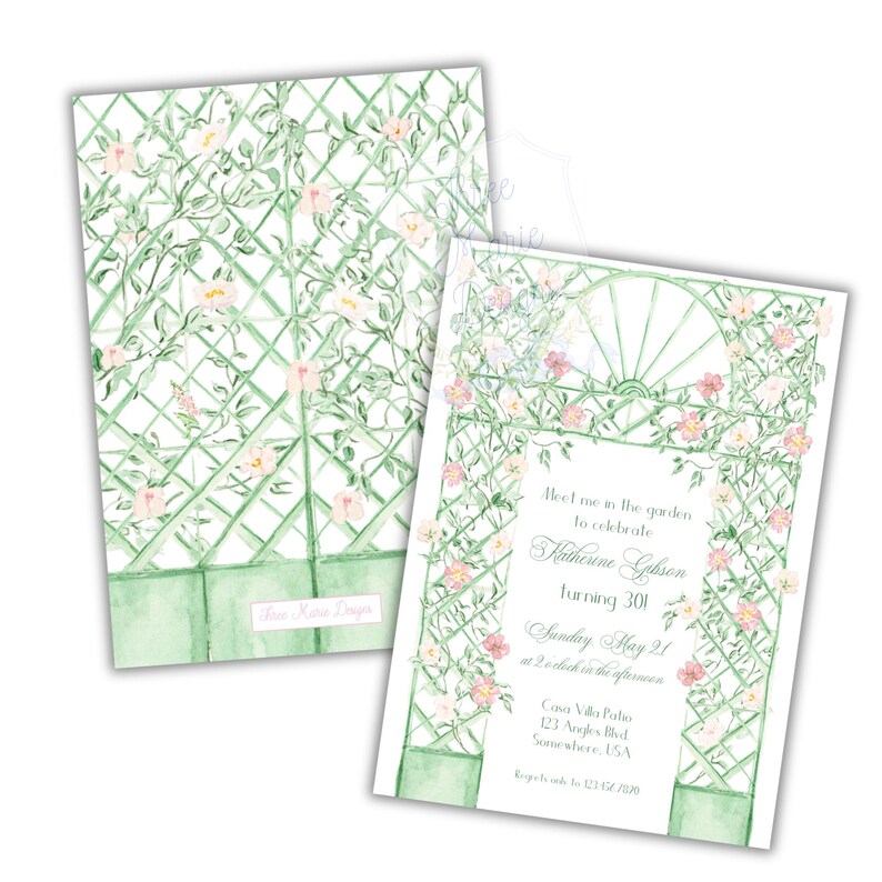 May include: A green and white garden trellis with pink flowers and vines. The text on the invitation reads "Meet me in the garden to celebrate Katherine Gibson turning 30! Sunday May 21 at 2 o'clock in the afternoon.  Cona Villa Patro 123 Angles Blvd Somewhere, USA"