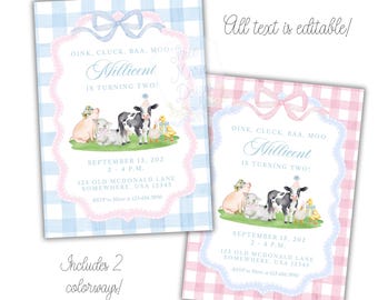 Pastel Farm Animals Birthday Invitation | Petting Zoo Birthday Invite | Editable | Oink Cluck Baa Moo | Pink and Blue Farm Theme Invite