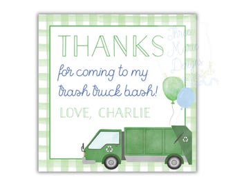 Garbage Truck Birthday Party Favor Tag | Editable Garbage Truck Tag | Green Garbage Truck | Watercolor Garbage Truck | Party Favor Gift Tag