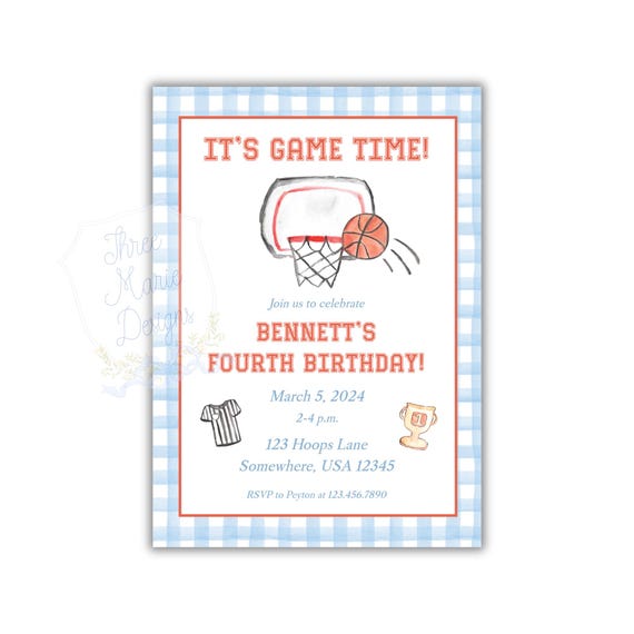 Pastel Basketball Invite  | Editable Game Time Invite | March Madness Invite | Light Blue Gingham Basketball Invite | Sweet Sports Invite