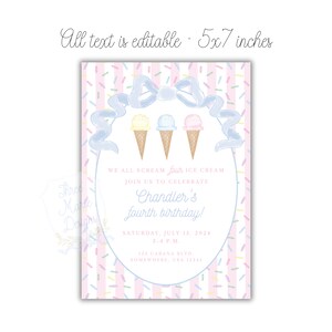 Pink Pastel Ice Cream Birthday Invitation, Self-Edit, Pink Ice Cream Invite, We all scream FOUR ice cream, Double Scoop invite, Pink Stripes image 2