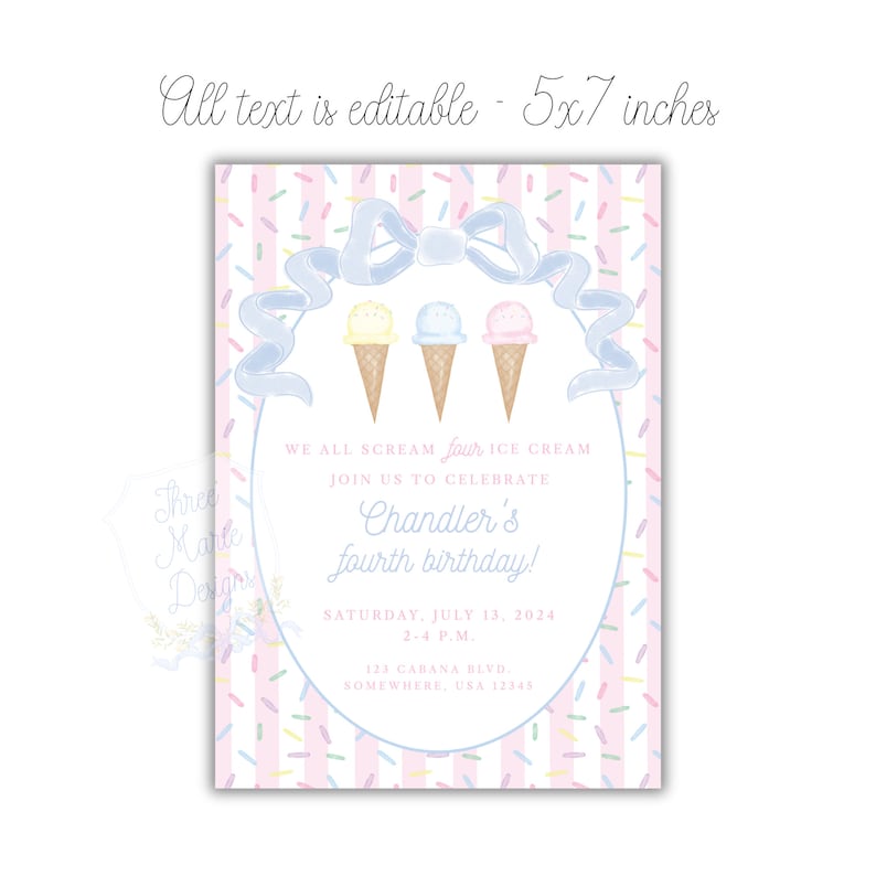 Pink Pastel Ice Cream Birthday Invitation, Self-Edit, Pink Ice Cream Invite, We all scream FOUR ice cream, Double Scoop invite, Pink Stripes image 2