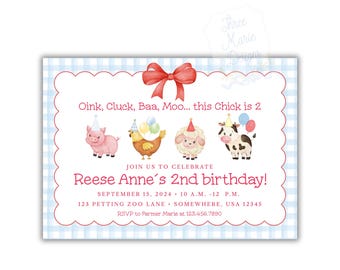 Girly Farm Animals Birthday Invitation | Petting Zoo Birthday Invite | Editable | Oink Cluck Baa Moo | Blue and Red Farm Theme Invite