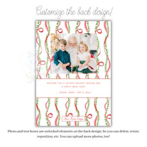 May include: Holiday card with a photo of Santa Claus and two children. The card has a white background with red ribbons and green leaves. Text reads "Wishing you a joyous holiday season and a happy new year!" and "Customize the back design!"