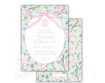 Invitación floral estilo chinoiserie / Lazos y flores / Invitación con estampado floral / Invitación floral grandmillenial / Invitación floral para baby shower / Flores