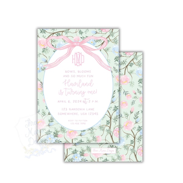 Chinoiserie Floral Invite | Bows and Blooms | Floral Pattern Invite | Grandmillenial Floral Invitation | Floral Baby Shower Invite | Flowers