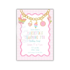 May include: A rectangular birthday party invitation with a pink and white gingham border. The top features a gold chain graphic with charms including a butterfly, heart, ice cream cone, and smiley face. Text reads: Marietta's Charming 7th.