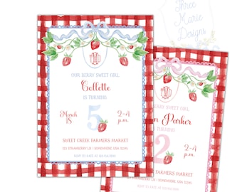 Strawberry Birthday Invitation Berry First Birthday Invite Red