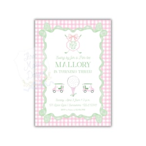 Pink Girly Golf Birthday Invite | Editable Watercolor Golf Invite | ParTEE Invitation | FORE invite | Pink and Green Monogram Golf Crest