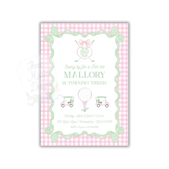 Pink Girly Golf Birthday Invite | Editable Watercolor Golf Invite | ParTEE Invitation | FORE invite | Pink and Green Monogram Golf Crest