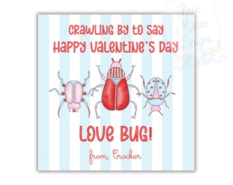 Blue Bugs Valentine Tag | 3x3 Editable DIY Valentine Printable | Bug Valentine Gift Tag | Bugs and Kisses | Valentine Digital Download