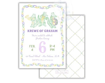 May include: Invitation card with a watercolour design. The card features three green alligators playing musical instruments, the text "KREWE OF GRAHAM", and event details. The border is a chain of pastel colours. The back of the card has a repeating pattern.