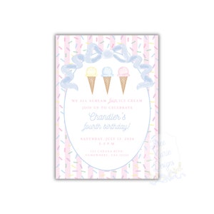 Pink Pastel Ice Cream Birthday Invitation, Self-Edit, Pink Ice Cream Invite, We all scream FOUR ice cream, Double Scoop invite, Pink Stripes image 1