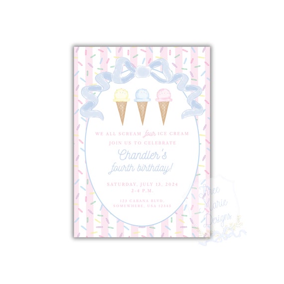 Pink Pastel Ice Cream Birthday Invitation, Self-Edit, Pink Ice Cream Invite, We all scream FOUR ice cream, Double Scoop invite, Pink Stripes