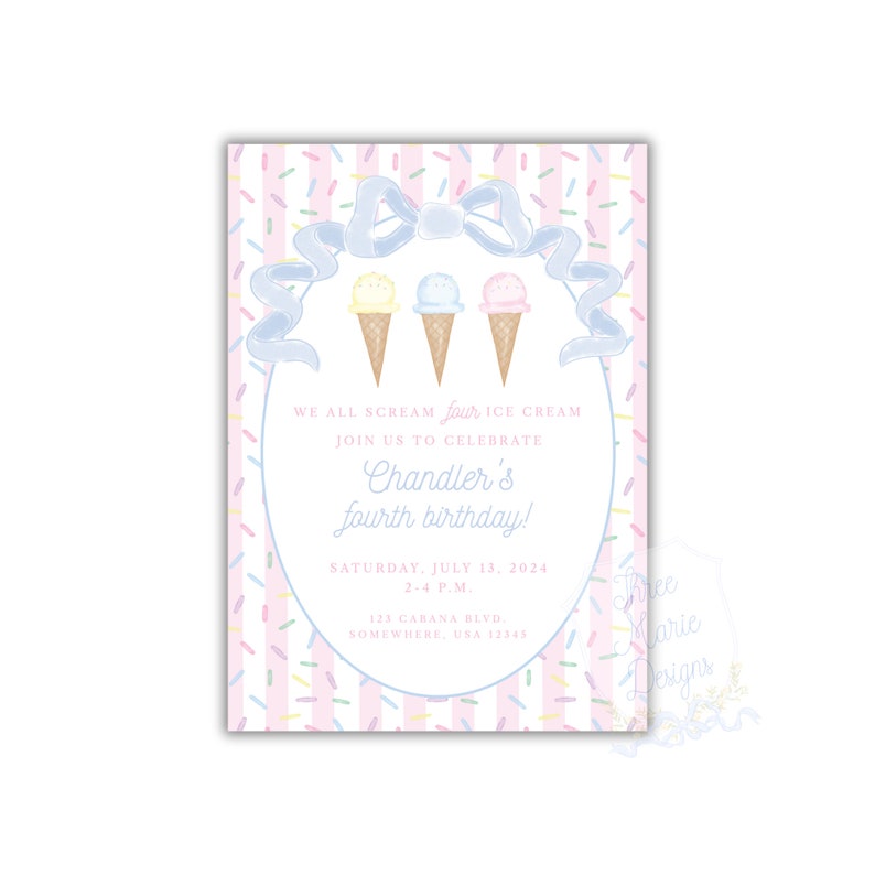 Pink Pastel Ice Cream Birthday Invitation, Self-Edit, Pink Ice Cream Invite, We all scream FOUR ice cream, Double Scoop invite, Pink Stripes image 1