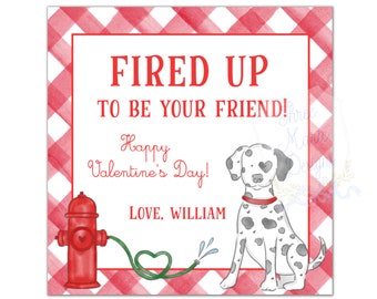 Red Firetruck Valentine Tag | Fireman Valentine Card | Boys Valentine Card | 3x3 | Self-Editable | Fired Up Valentines Day | Class Valentine