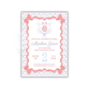 Girly Patriotic Birthday Invitation | All American Girl | Red White & Two Invite | Grandmillenial Invite | Self-Edit | Red White and Blue