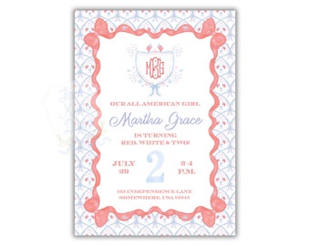 May include: A light blue and pink invitation with a decorative border. The invitation is for a birthday party for Martha Grace, who is turning two. The party is on July 29th from 2-4 p.m. at 183 Independence Lane.
