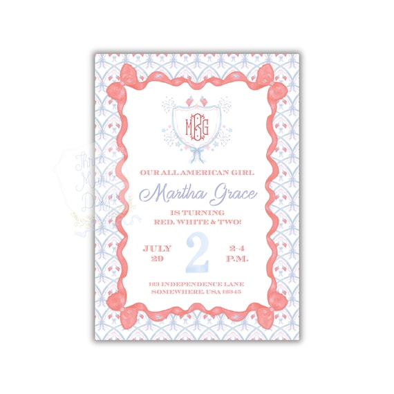 Girly Patriotic Birthday Invitation | All American Girl | Red White & Two Invite | Grandmillenial Invite | Self-Edit | Red White and Blue