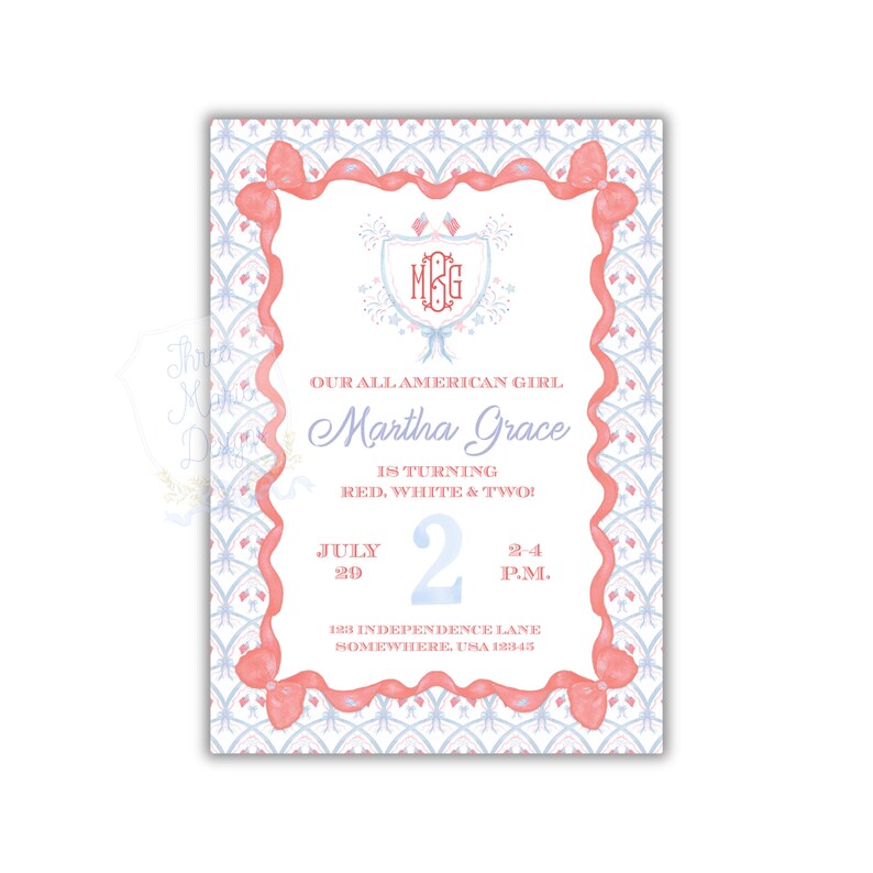 Girly Patriotic Birthday Invitation | All American Girl | Red White & Two Invite | Grandmillenial Invite | Self-Edit | Red White and Blue image 1