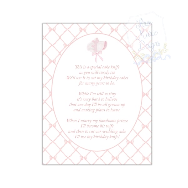 Birthday Cake Knife Poem Instant Download | Printable Cake Knife Poem  | Birthday Traditions | Bonnets and Bows Birthday | 8x10 and 5x7