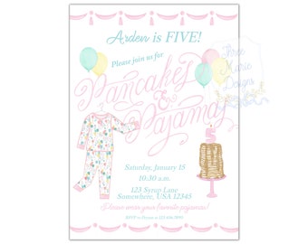 Pink Pancakes and Pajamas Birthday Invite | Self-Editable | Pancakes and Pajamas Invitation | Pink Balloon Pajamas | Pancake Brunch PJ Party